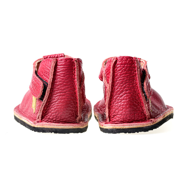 Ginger Shoes | Pantofi barefoot cu captuseala si brant tabacite vegetal, talpa Vibram de 5 mm si prindere cu velcro- Ruby Red