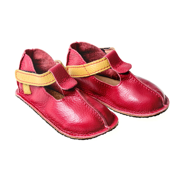 Ginger Shoes | Pantofi barefoot fara captuseala, brant tabacit vegetal, talpa Vibram de 2 mm si prindere cu velcro- Ruby Red