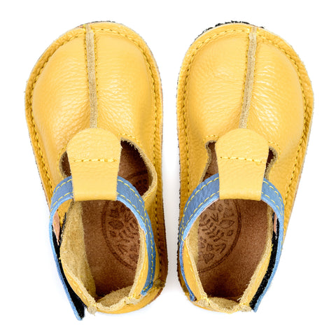 Ginger Shoes | Pantofi barefoot fara captuseala, brant tabacit vegetal, talpa Vibram de 2 mm si prindere cu velcro- Yellow Melon
